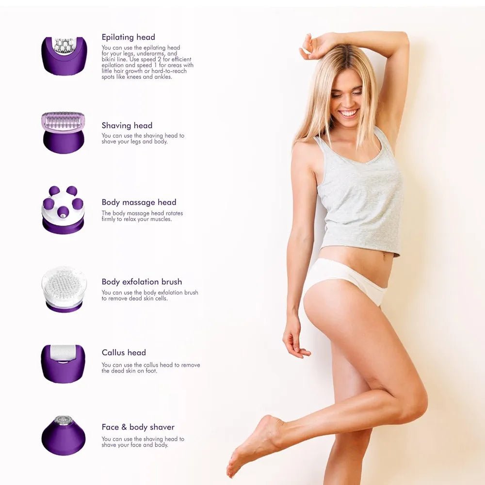 DENX 6-in-1 Smooth Glide Epilator for Womenr Hair Removal, Wet & Dry Electric Hair Remove Device with LED Light, Portable Electric Shaver, Women's Hair Removal Machine, DX1377