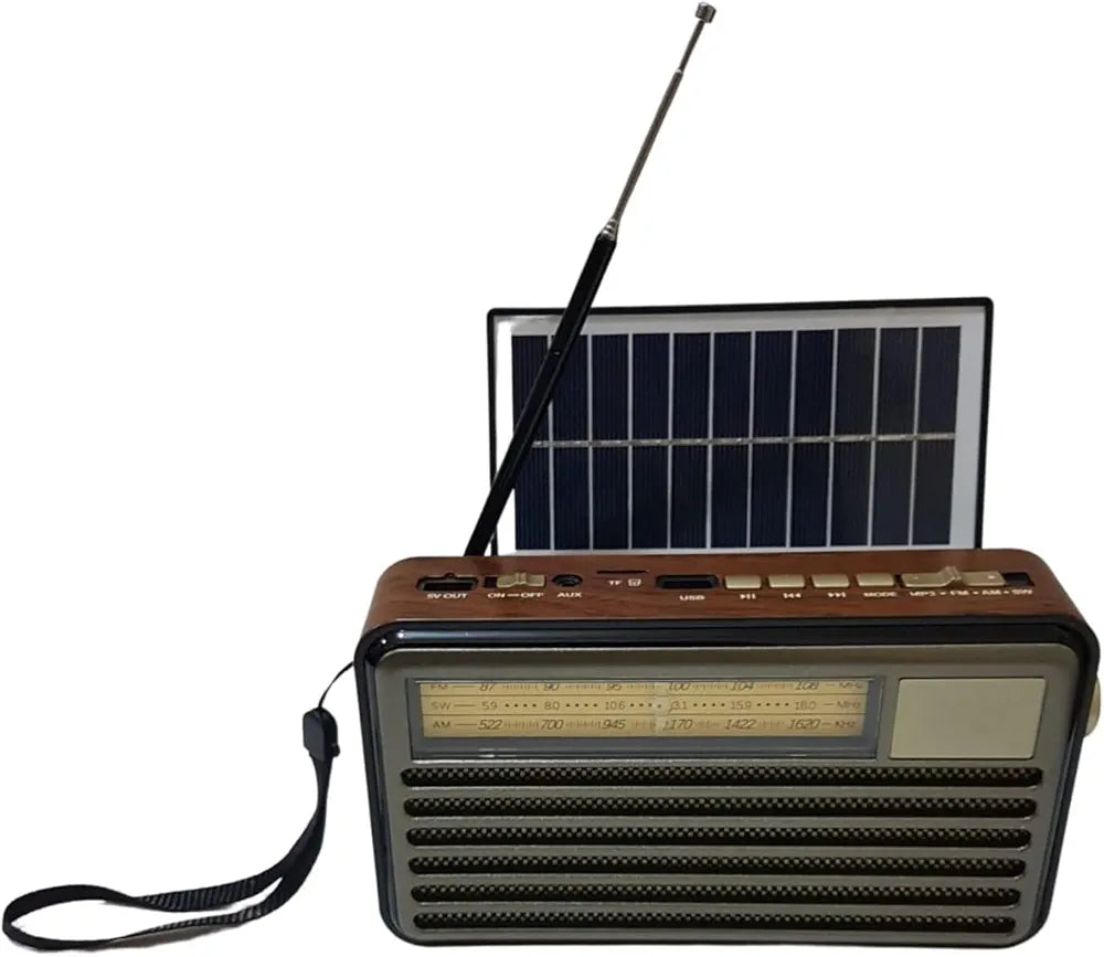 DENX Old Radio Speaker Bluetooth & HIFI-Speaker with Solar Panels, Sd Card, Usb And Aux Port, Radio FM/AM/SW Brown wood Portable Audio TF Card USB Flash disk Aux playback,