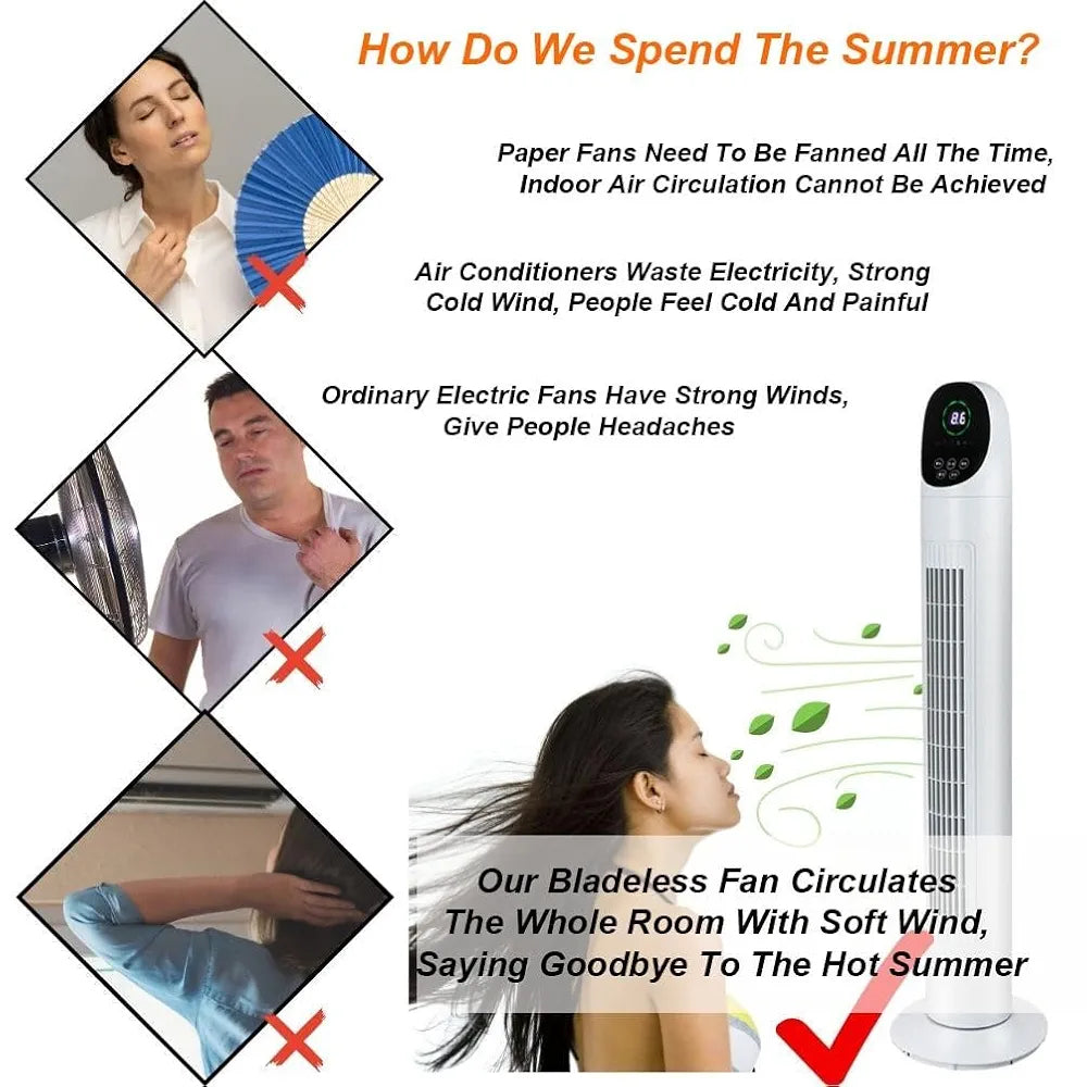 DENX Tower Fan with Remote Control, 3 Speeds, 80° Oscillating Electric Standing Fan, Air Conditioning Inverter Vertical Summer Cooling Leafless Desk Vertical Fan, Floor Fan for Home, Office, DX2619