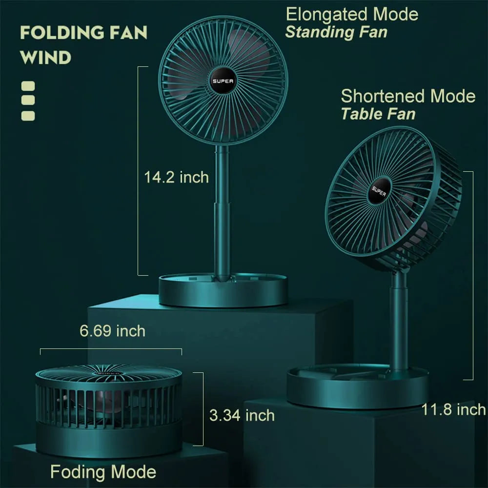 Telescopic Folding Fan, Portable Rechargeable Desk Fan, Adjustable Height Pedestal Table Fan, 3 Speed USB Charging Cooling Fan, Foldable Quiet Travel Fan for Home, Office, Bedroom, Outdoor, Camping