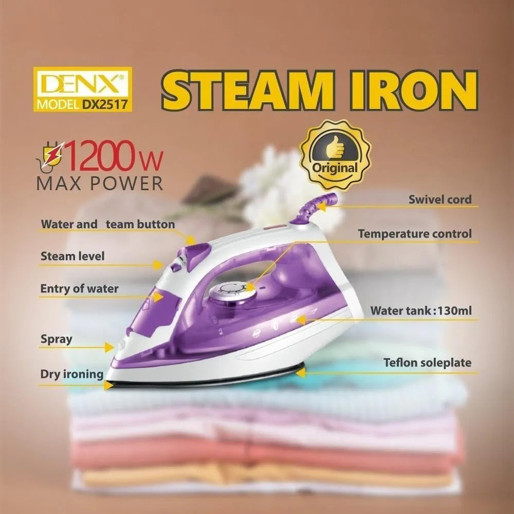 DENX Steam Iron, 1200W Portable Electric Clothes Iron, Temperature Control, Continuous Steam Technology, Spray And Steam Burst Function For Shirts, Trousers, Dresses, Curtains Use, DX2517