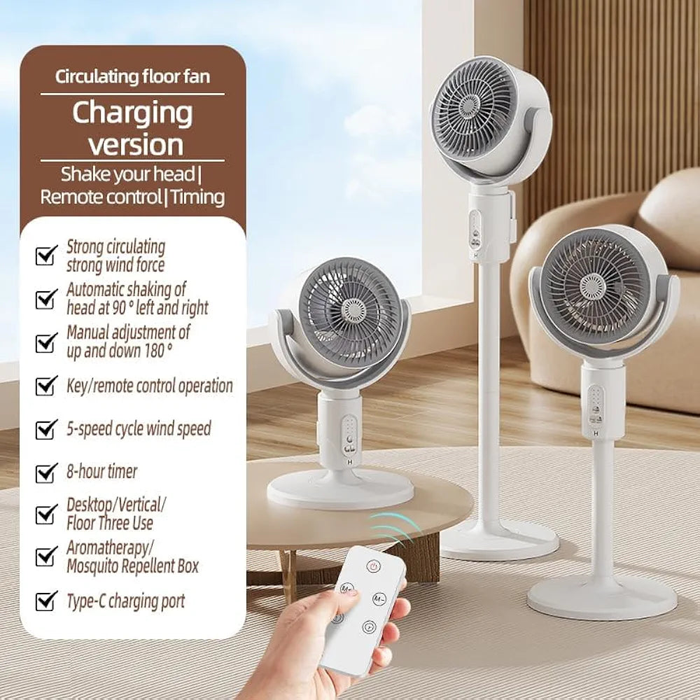 DENX Air Circulation Floor Fan with Remote, Stand Fan 3-in-1 Adjustable Height, 90° Oscillating, 5-Speed Silent Operation, Portable Desk & Pedestal Fan, USB-C Rechargeable for Home, Office, DX2607