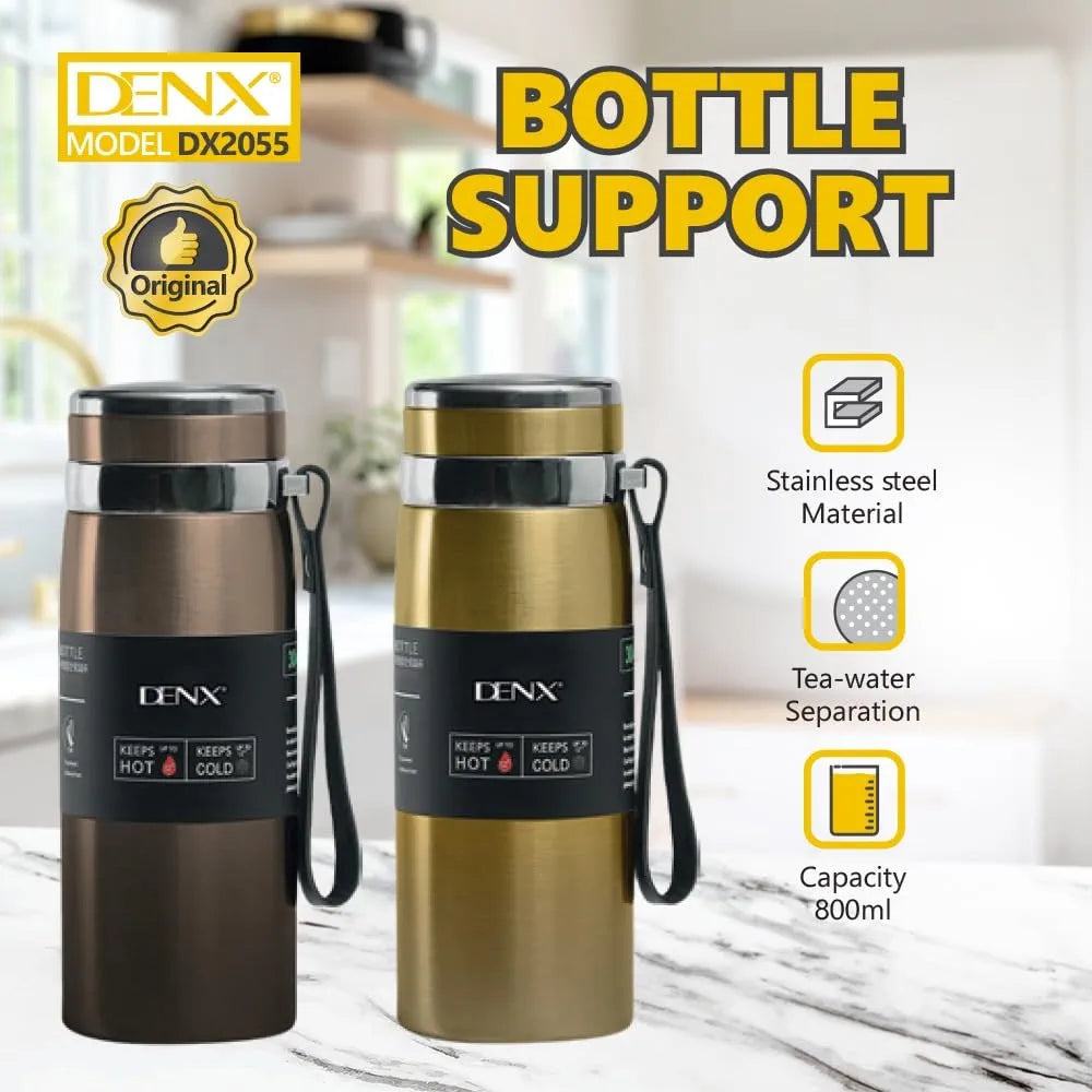 DENX 800ml Stainless Steel Vacuum Insulated Water Bottle, Double Wall Thermos Flask with Tea Infuser, Hot Cold Travel Mug, Leakproof BPA-Free Sports Bottle for Office Gym Outdoor Use, DX2055
