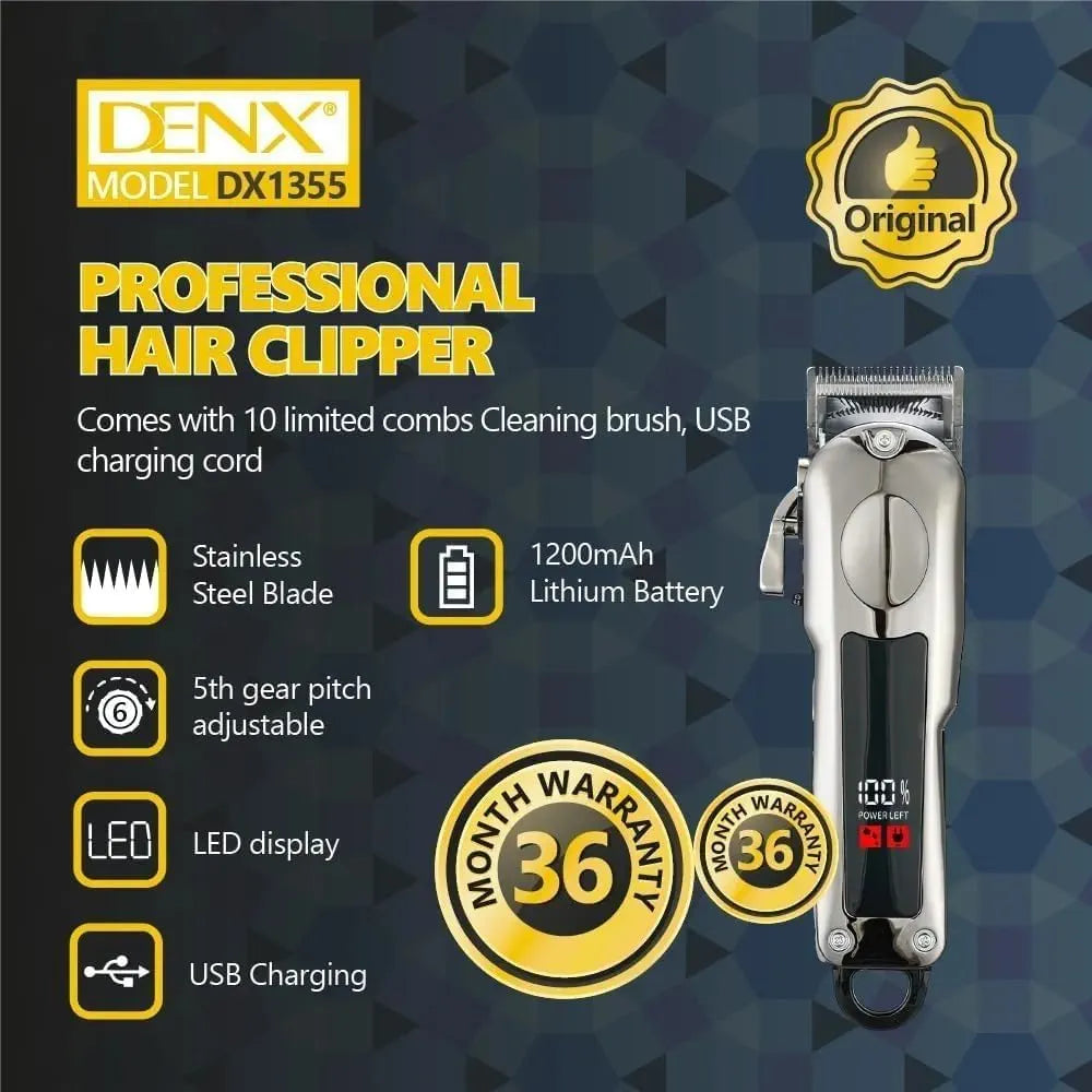 DENX Hair Clipper For Men With Led Display Hair Clipper, Usb Rechargeable Beard Trimmer, Stainless Steel Blade, 5-Speed Adjustable, 1200mAh Battery, 10 Guide Combs, Home & Travel Grooming Kit, DX1355