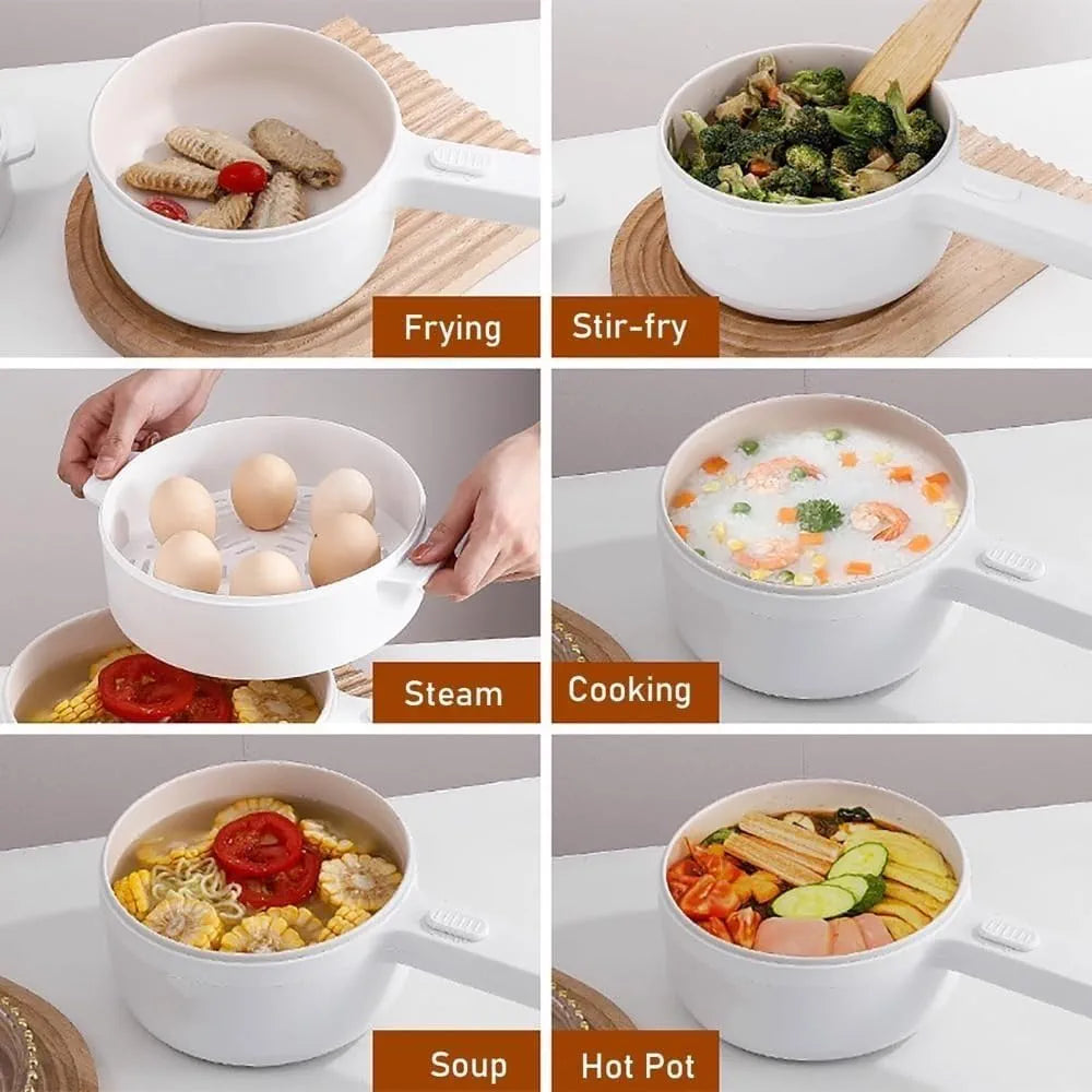 DENX 2L Electric Mini Cooker Hot Pot with Steamer & Temperature Control, Non-Stick Electric Cooker Shabu, Frying Pan, Electric Saucepan, for Noodles, Egg, Steak, Oatmeal & Soup, DX1769