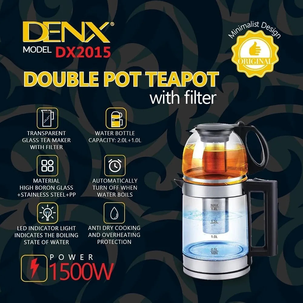 DENX 1500W Double Pot Electric Kettle With Removable Tea Filter, Capacity 1.8L kettle & 1.0L Tea Pot, High-Speed Boilier Tea Maker, Multifunctional Hot Water Dispenser, Turbo boiling kettle, DX2015
