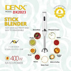 DENX Stick Blender 400W Handheld Electric Blender with Stainless Steel Blades, Portable Grip Stick Mixer Use for Blending, Pureeing, Whipping, and Mixing Soups, Smoothies, Sauces, and More, DX2023