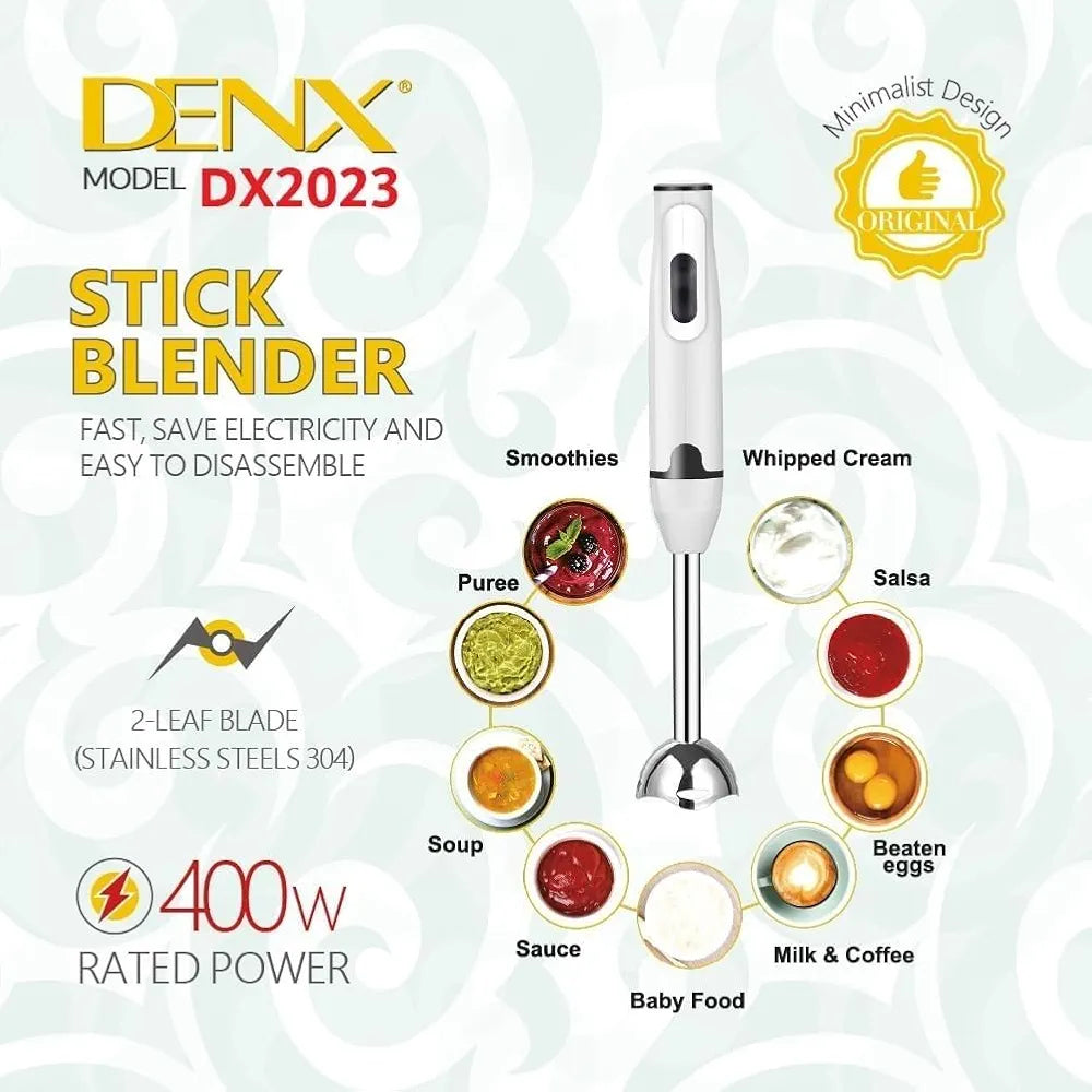 DENX Stick Blender 400W Handheld Electric Blender with Stainless Steel Blades, Portable Grip Stick Mixer Use for Blending, Pureeing, Whipping, and Mixing Soups, Smoothies, Sauces, and More, DX2023