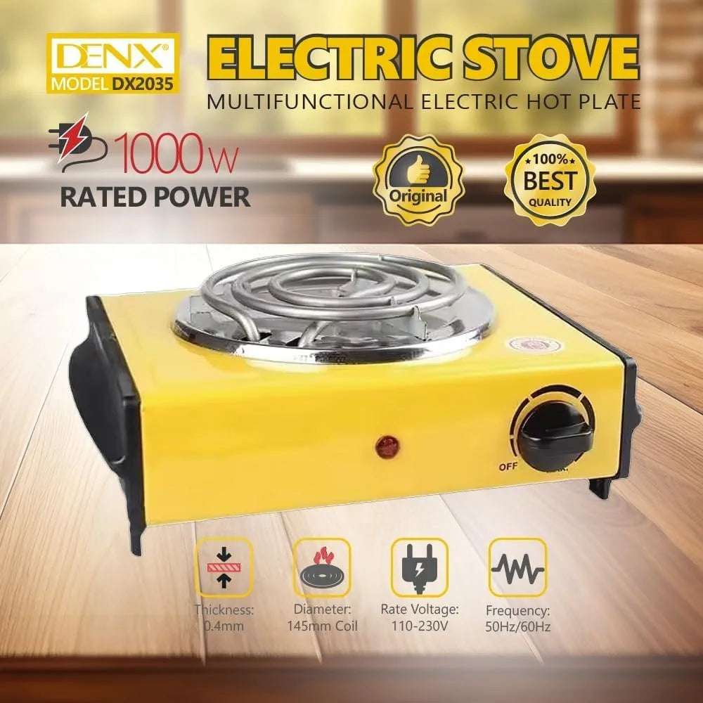 DENX Electric Hot Plate, 1000W Portable Cooking Stove, Spiral Heating Coil Burner, Adjustable Temperature Control, Single Burner Electric Stove, for Home, Dorm, Office, Travel, Kitchen Use, DX2035
