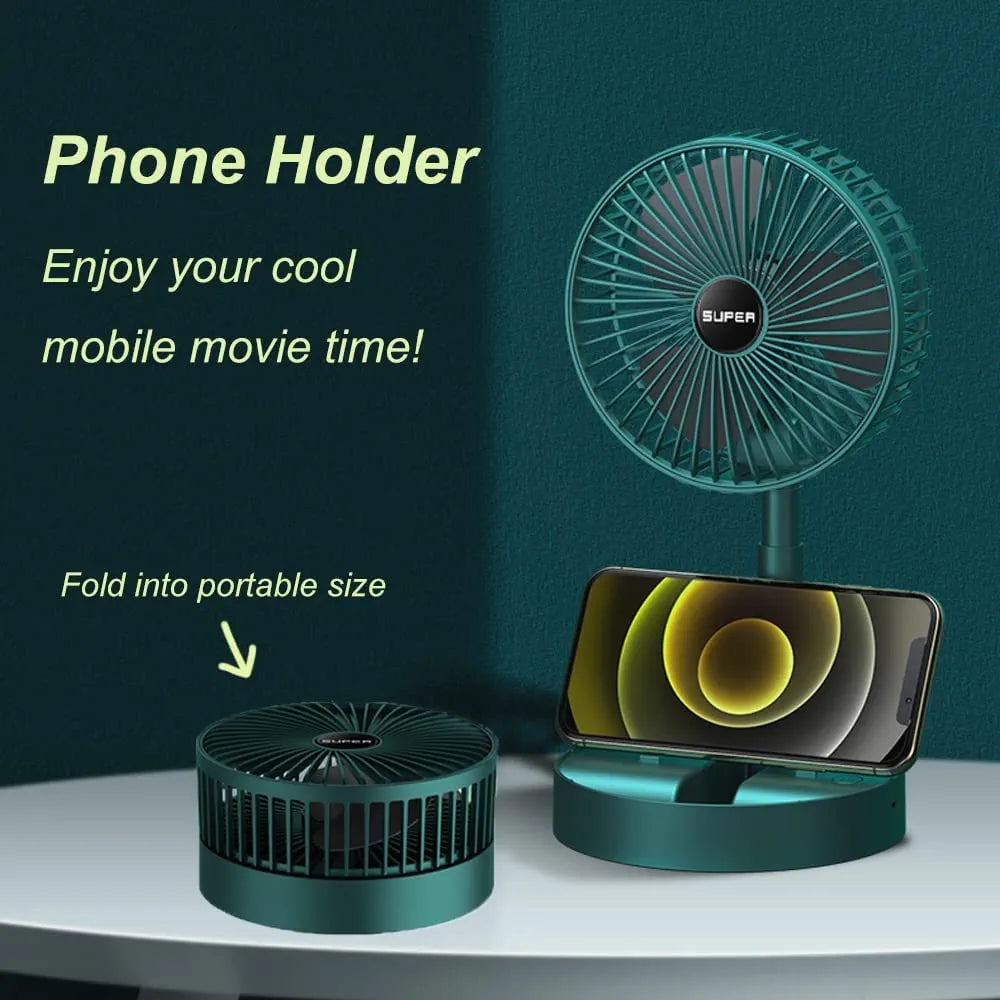Telescopic Folding Fan, Portable Rechargeable Desk Fan, Adjustable Height Pedestal Table Fan, 3 Speed USB Charging Cooling Fan, Foldable Quiet Travel Fan for Home, Office, Bedroom, Outdoor, Camping
