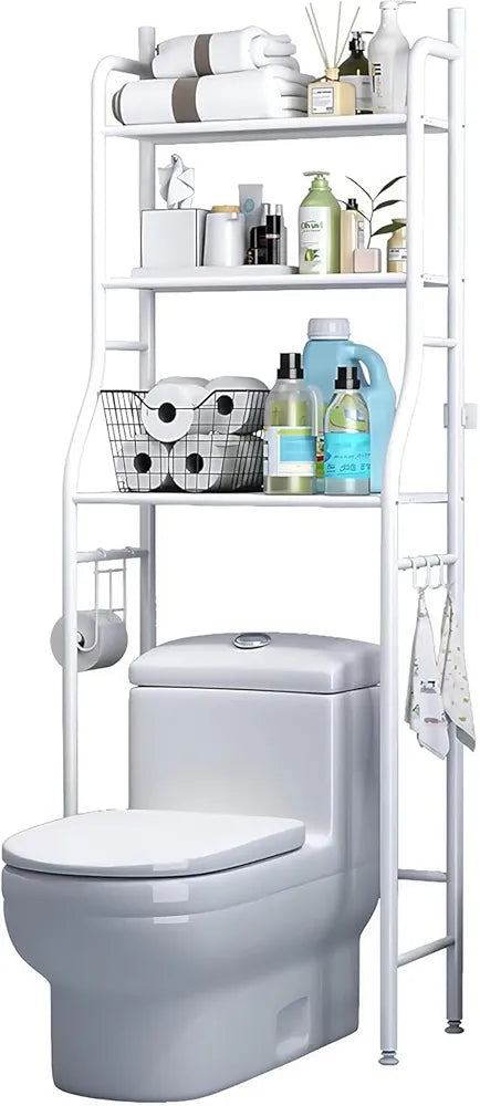 3-Shelf Bathroom Organizer Over The Toilet, Multifunctional Toilet Rack Bathroom Spacesaver,With Towel and Tissue Holder, Bathroom Corner Stand Storage Organizer Accessories, Adjustable Foot Pads