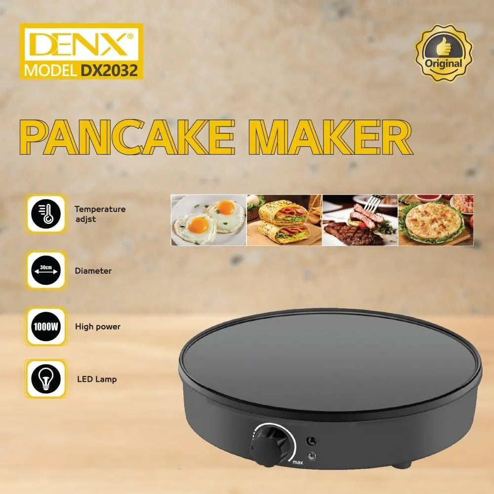 DENX Pizza Maker, Fiesta Crepe and Pancake Maker, Adjustable Temperature Control with Variable Temperatures and Utensils Included, 1000W Electric Non-Stick Griddle Baking Pan, Black DX2032