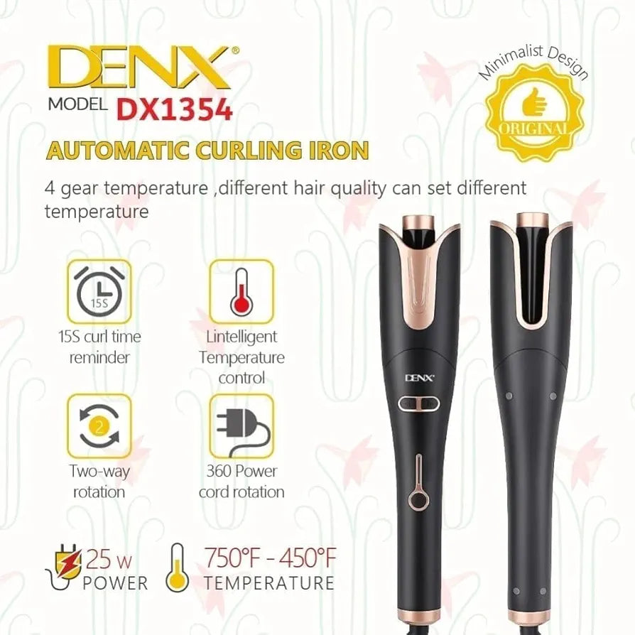 DENX Automatic Hair Curling Iron, Professional Hair Curler with 1" Large Slot, 4 Temperature & Timer Settings, Auto Shut-Off, Anti-Scald Protection, and Ceramic Wand for Long-Lasting Curls, DX1354