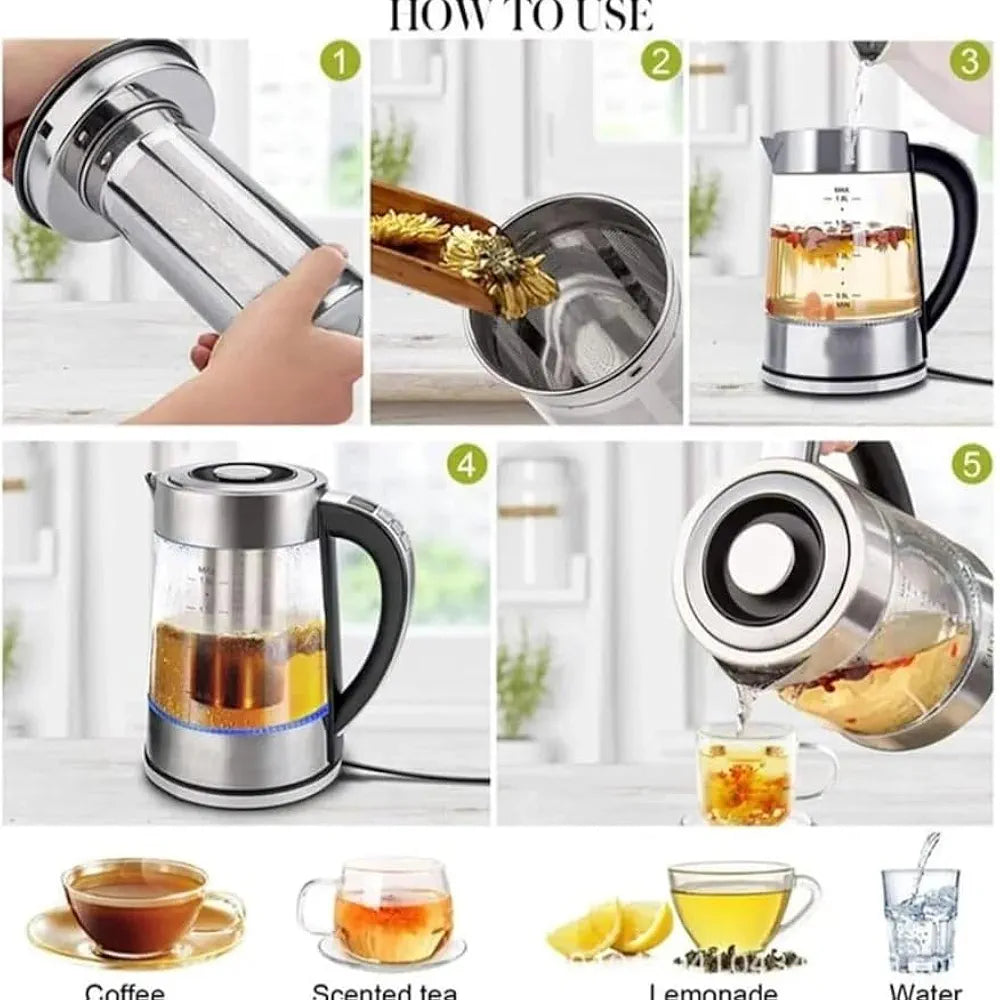 DENX Electric Glass Kettle 1.8L, 1500W Fast Boil Water Heater, Temperature Control, Auto Shut-Off, LED Light, Stainless Steel Filter, Tea Kettle, Coffee Maker, Baby Bottle Warmer, DX3408
