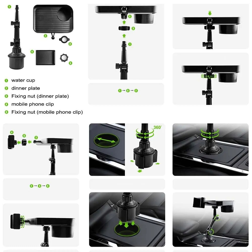 Denx 3-in-1 Car Cup Holder,Food Tray With Phone Mount, 360° Rotating Auto Food & Drink Tray, Adjustable Vehicle Cup Holder Organizer, Portable Car Accessories For Travel Snacks, Drinks, DX1285