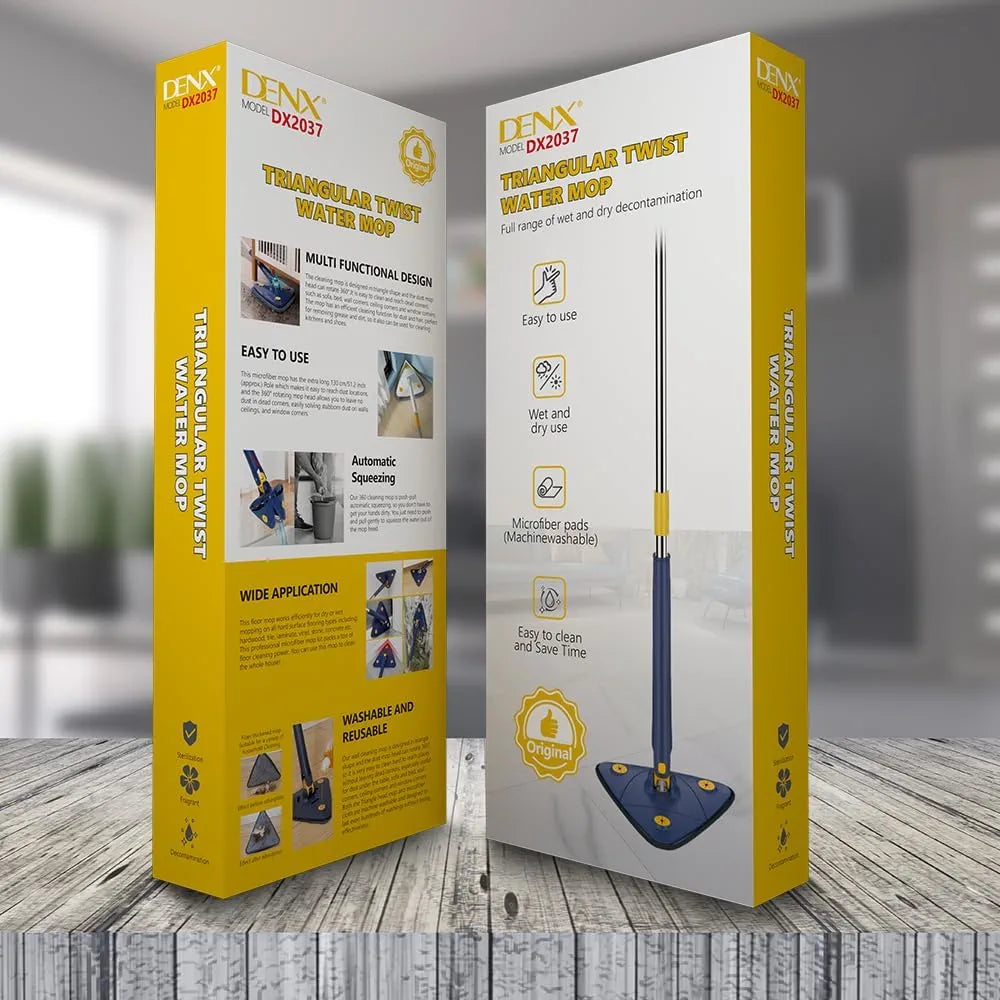 DENX 360° Rotatable Adjustable Cleaning Mop - Extendable Triangle With Long Handle, Hand Twist Quick Dry, Multifunctional Microfiber Wet and Dry for Floor Wall, 3 Replacement Pads, DX2037