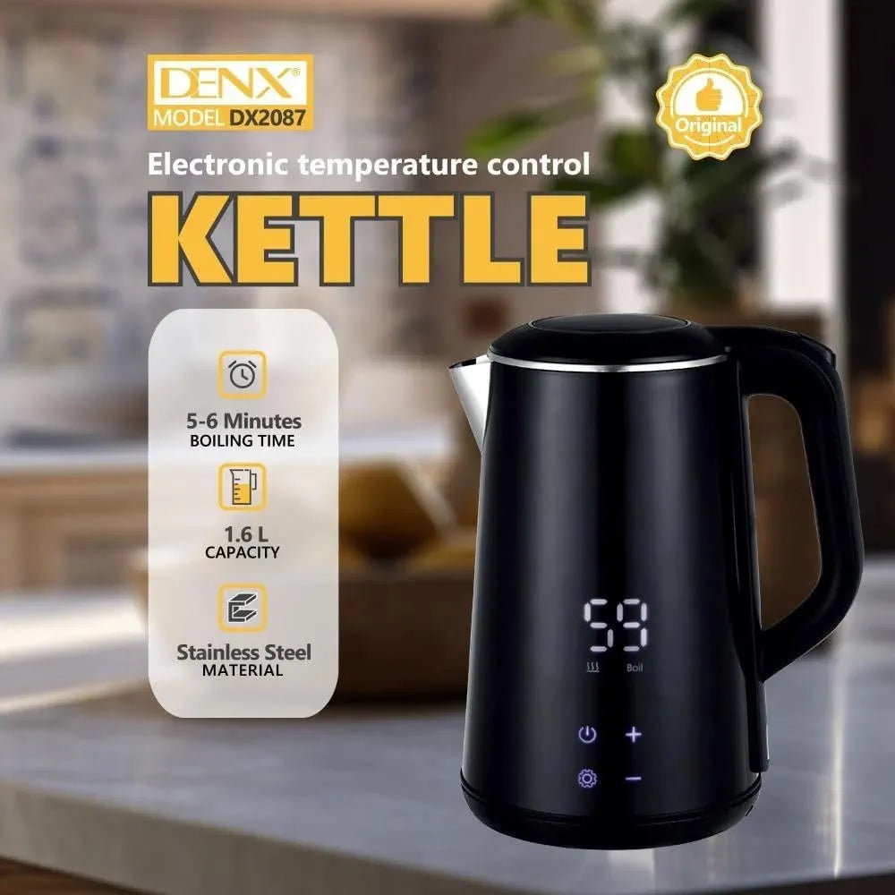 DENX Smart Electric Kettle 1.6L Stainless Steel, 1500W Fast Boil, LED Digital Touch Display, Adjustable Temperature Control, Keep Warm Function, Auto Shut-Off, For Tea, Coffee, Baby Formula, DX2087