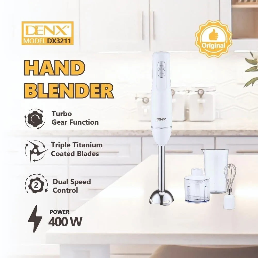 DENX 4-in-1 Electric Hand Blender, 400W Stick Blender with 500ml Food Chopper, Inox Whisk & 700ml Measuring Cup, Electric Blender & Hand Mixer with Stainless Steel Blade Use for Cake Mixer, DX3211
