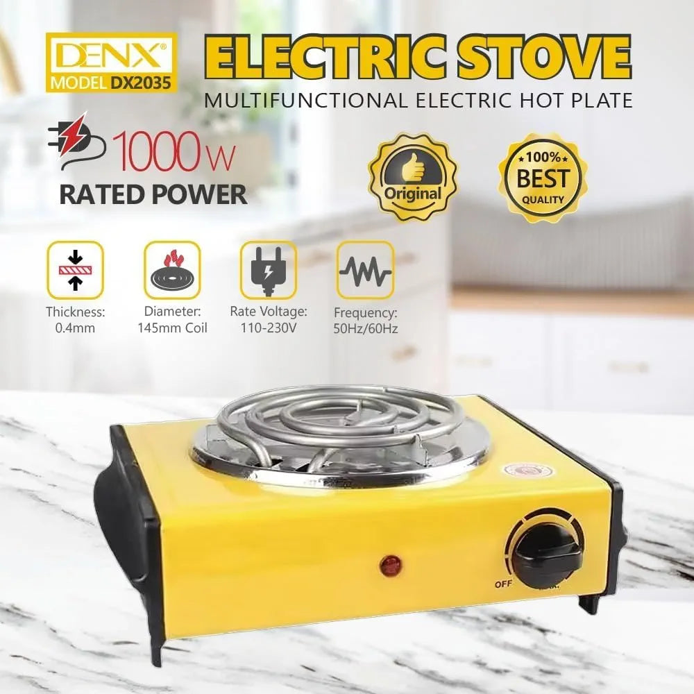 DENX Electric Hot Plate, 1000W Portable Cooking Stove, Spiral Heating Coil Burner, Adjustable Temperature Control, Single Burner Electric Stove, for Home, Dorm, Office, Travel, Kitchen Use, DX2035