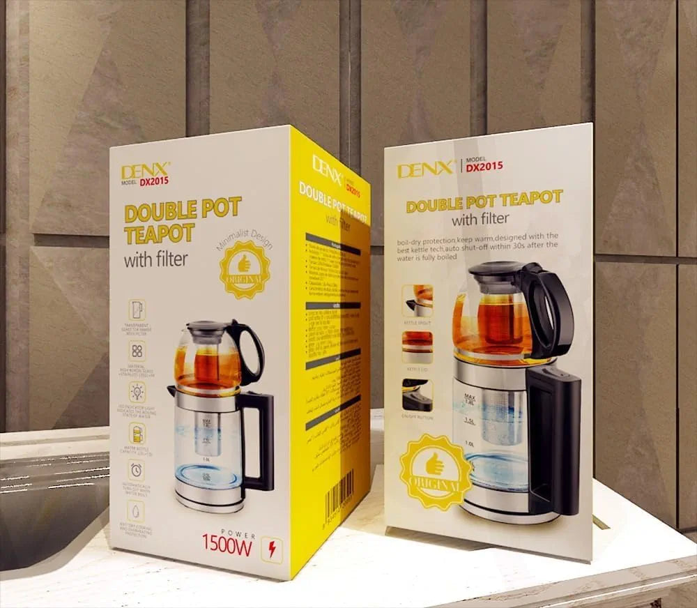 DENX 1500W Double Pot Electric Kettle With Removable Tea Filter, Capacity 1.8L kettle & 1.0L Tea Pot, High-Speed Boilier Tea Maker, Multifunctional Hot Water Dispenser, Turbo boiling kettle, DX2015