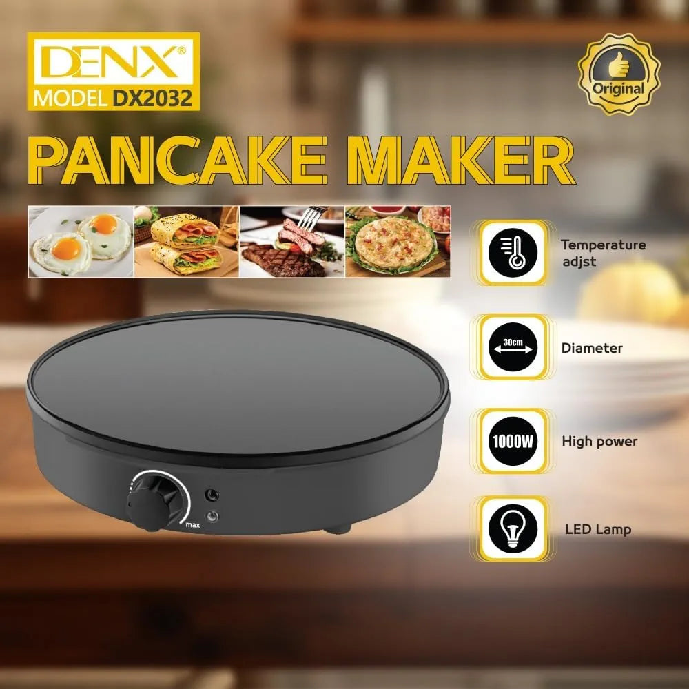 DENX Pizza Maker, Fiesta Crepe and Pancake Maker, Adjustable Temperature Control with Variable Temperatures and Utensils Included, 1000W Electric Non-Stick Griddle Baking Pan, Black DX2032