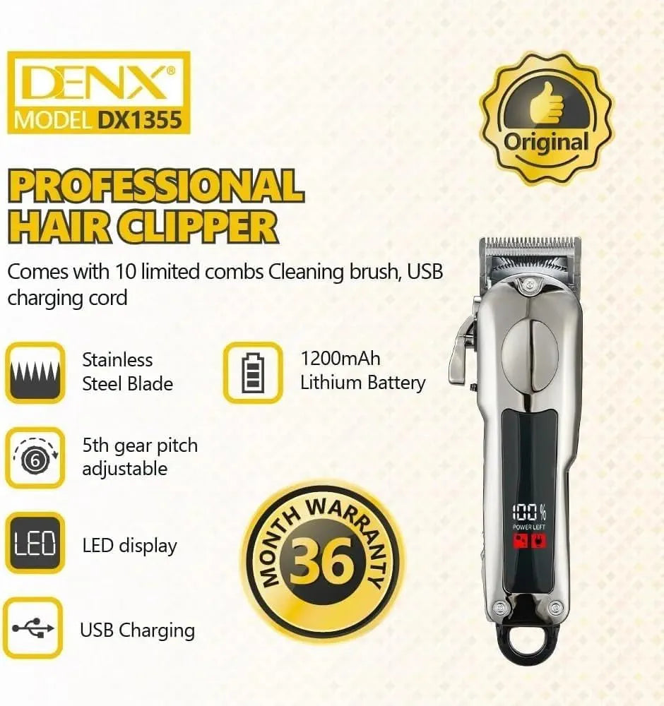 DENX Hair Clipper For Men With Led Display Hair Clipper, Usb Rechargeable Beard Trimmer, Stainless Steel Blade, 5-Speed Adjustable, 1200mAh Battery, 10 Guide Combs, Home & Travel Grooming Kit, DX1355