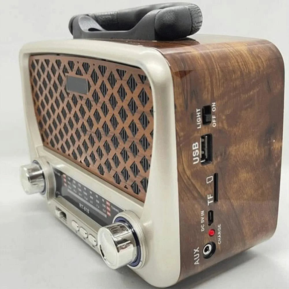 DENX Old Radio Speaker Bluetooth & HIFI-Speaker with Flashlight, Sd Card, Usb And Aux Port, Radio FM/AM/SW Brown wood Portable Audio TF Card USB Flash disk Aux playback, 