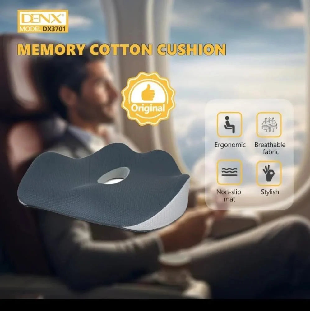 DENX Ergonomic Memory Foam Seat Cushion, Breathable Non-Slip Orthopedic Chair Pillow with Center Pressure Relief Hole, Portable Support Pad for Office, Car, Wheelchair, Travel & Home Comfort, DX3701