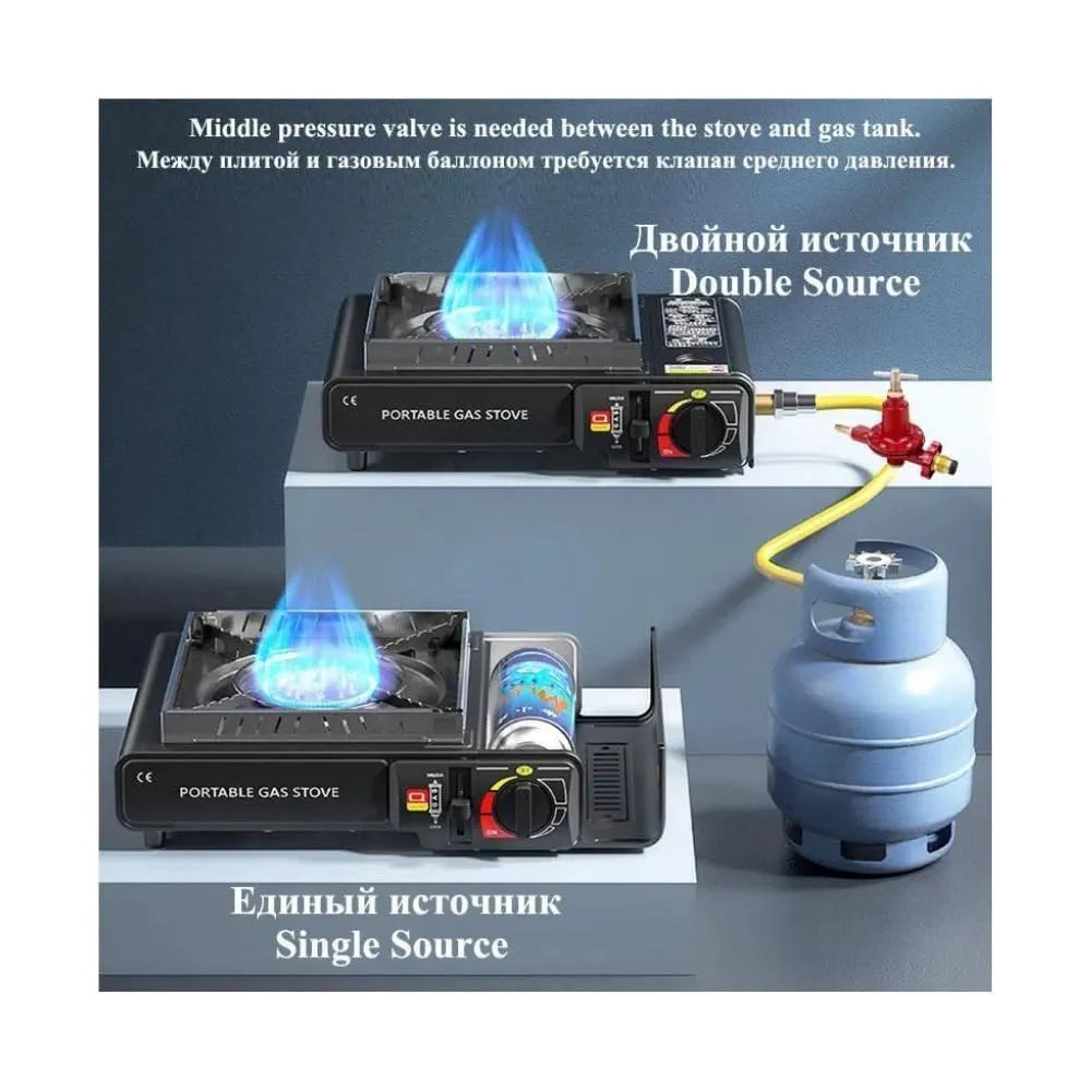 DENX Portable Gas Stove, Outdoor Cooking Burner, Travel Stove, Dual Gas Compatible, Compact Camping Stove, Adjustable Flame Control, Lightweight Cooker, BBQ Grill, Picnic Use, Home Kitchen, DX1763