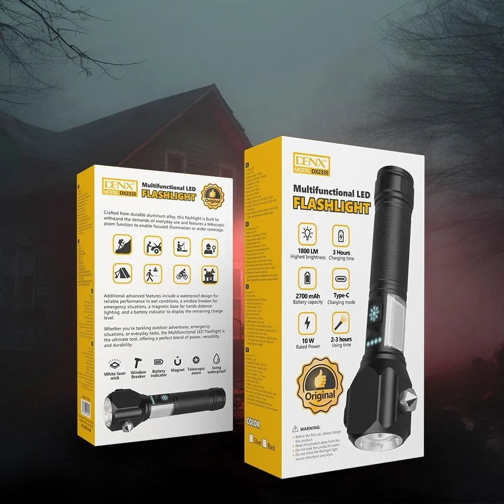 DENX LED Flashlight 1800 Lumens with Window Breaker & 2700mAh Battery, Telescopic Zoom Torch with Battery Indicator, Portable Waterproof Light for Camping, Emergency, Car, Home Use, DX2335