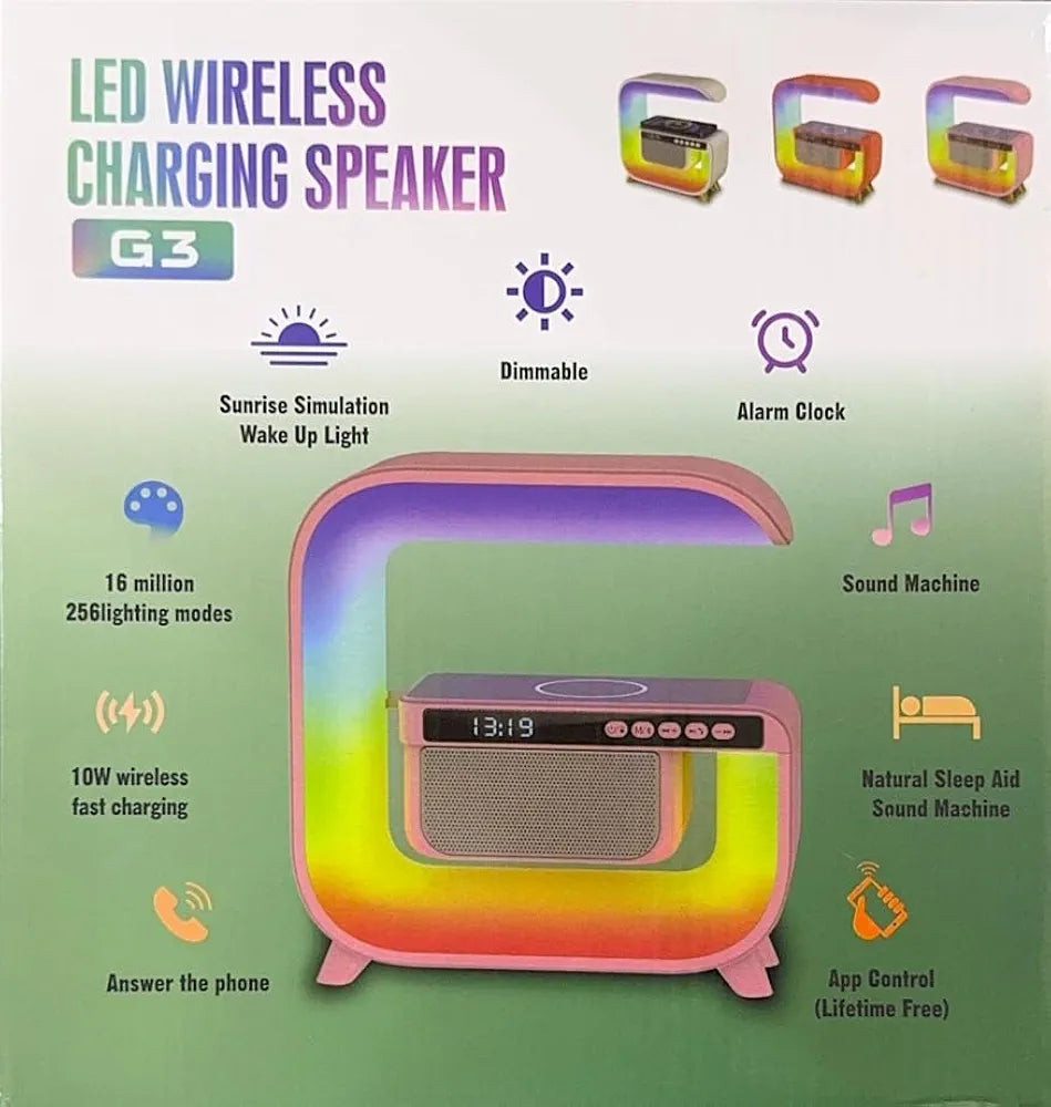 G3 LED Wireless Charging Speaker with Alarm Clock, 16M Colours, 10W Fast Charging, Sound Machine, App Control, Pink/White/Red,