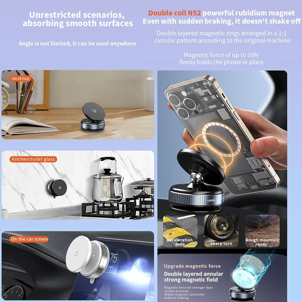 Magnetic Car Phone Holder, Vacuum Suction Cup Mobile Mount, 360° Rotation Phone Stand, Dashboard & Windshield Holder, Strong Magnet Mount for iPhone MagSafe, Samsung, Huawei, Xiaomi, K009
