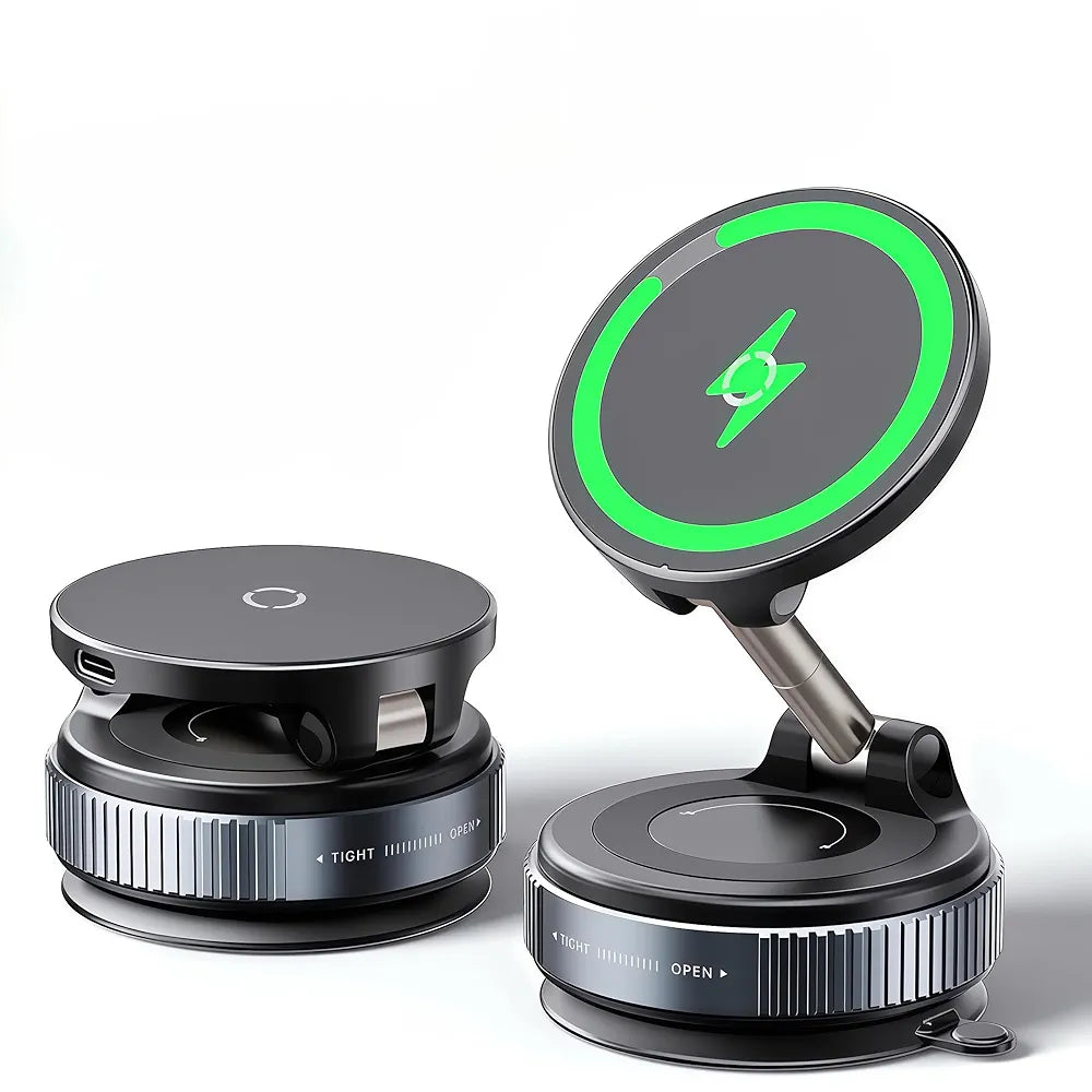 Magnetic Car Phone Holder with 15W Wireless Charging, Vacuum Suction Mount, Dashboard Phone Holder, Windshield Mount, 360° Rotation, Universal Mobile Stand for iPhone, Samsung, Huawei, Xiaomi, K007S