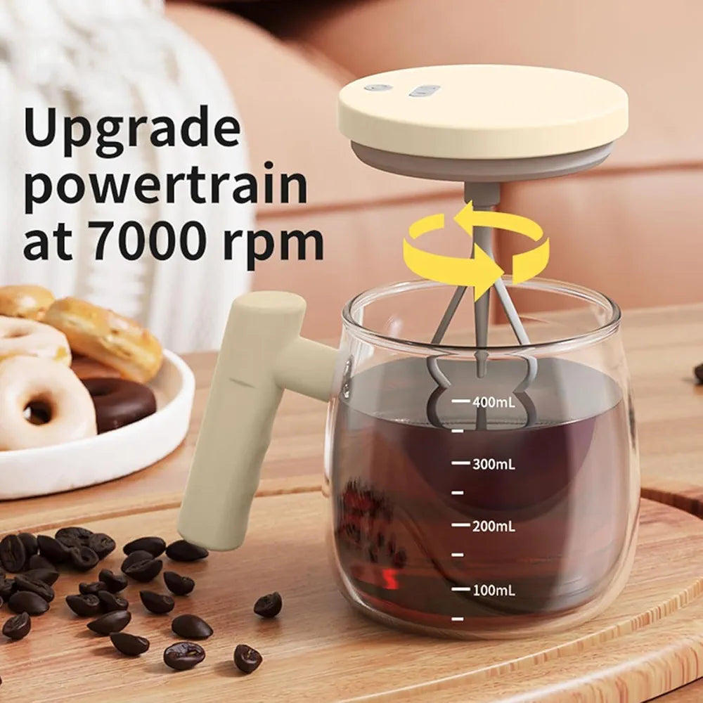 Self Stirring Mug 400ml, Automatic Coffee Mixing Cup, Rechargeable Electric Coffee Mug, Borosilicate Glass, Tea Cup with Lid, Protein Shaker, Milk Frother, Portable Travel Mug, Home, Office, MY-04