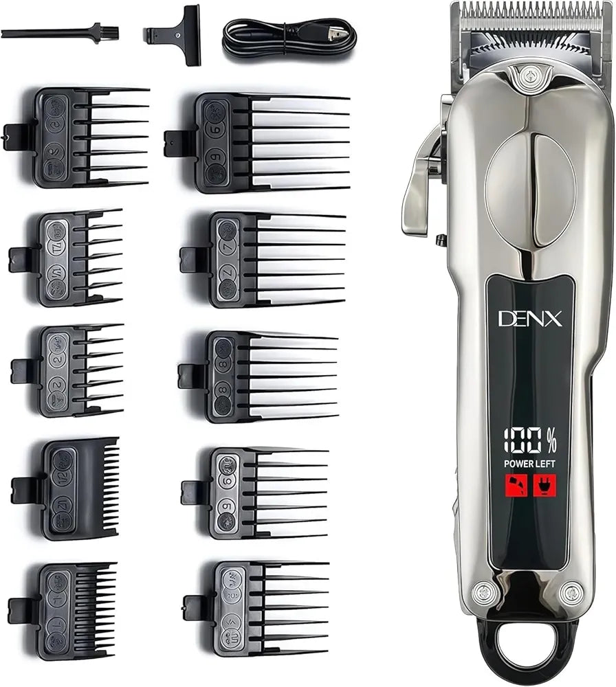 DENX Hair Clipper For Men With Led Display Hair Clipper, Usb Rechargeable Beard Trimmer, Stainless Steel Blade, 5-Speed Adjustable, 1200mAh Battery, 10 Guide Combs, Home & Travel Grooming Kit, DX1355