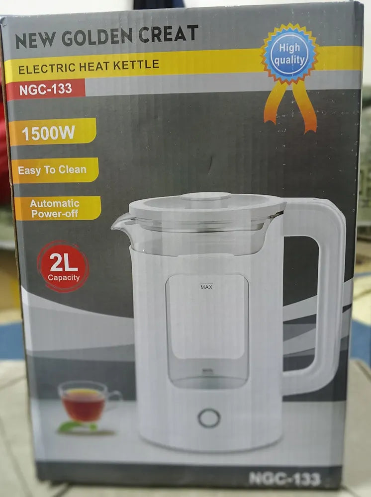 New Golden Creat Electric Kettle 2L, Fast Boil Glass Water Boiler with Auto Shut-Off, Boil-Dry Protection, 1500W Cordless Kettle for Boiling, Milk, Coffee & Tea, for Home & Office, NGC-133 