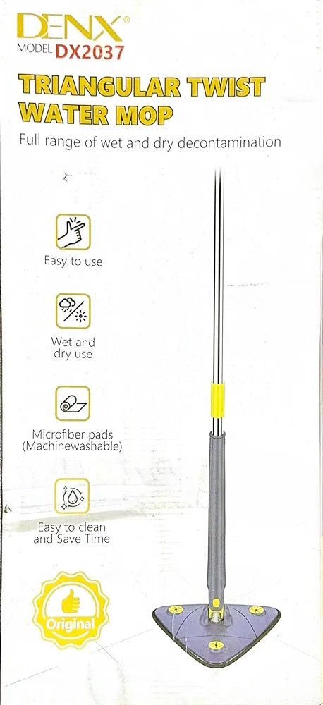 DENX 360° Rotatable Adjustable Cleaning Mop - Extendable Triangle With Long Handle, Hand Twist Quick Dry, Multifunctional Microfiber Wet and Dry for Floor Wall, 3 Replacement Pads, DX2037