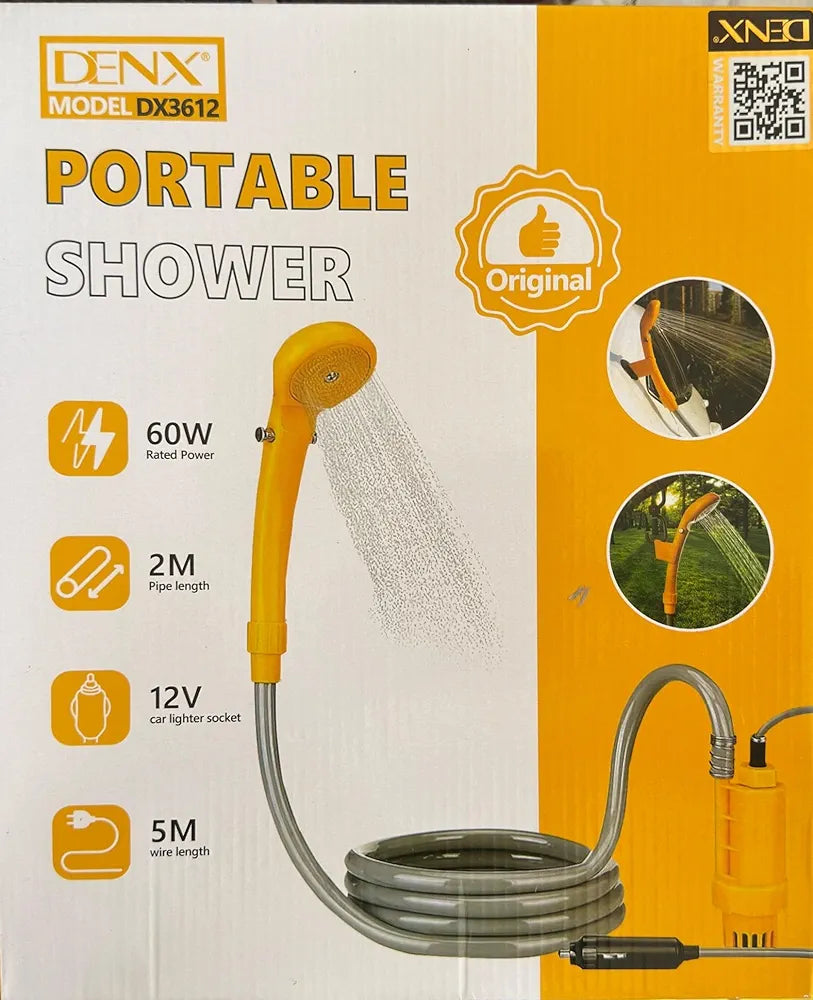 DENX Portable 12V Electric Shower Kit Outdoor for Car, Pet, Dog, Camping & Travel, Car Washing, Hiking Shower Pump, 60W High Pressure, DX3612