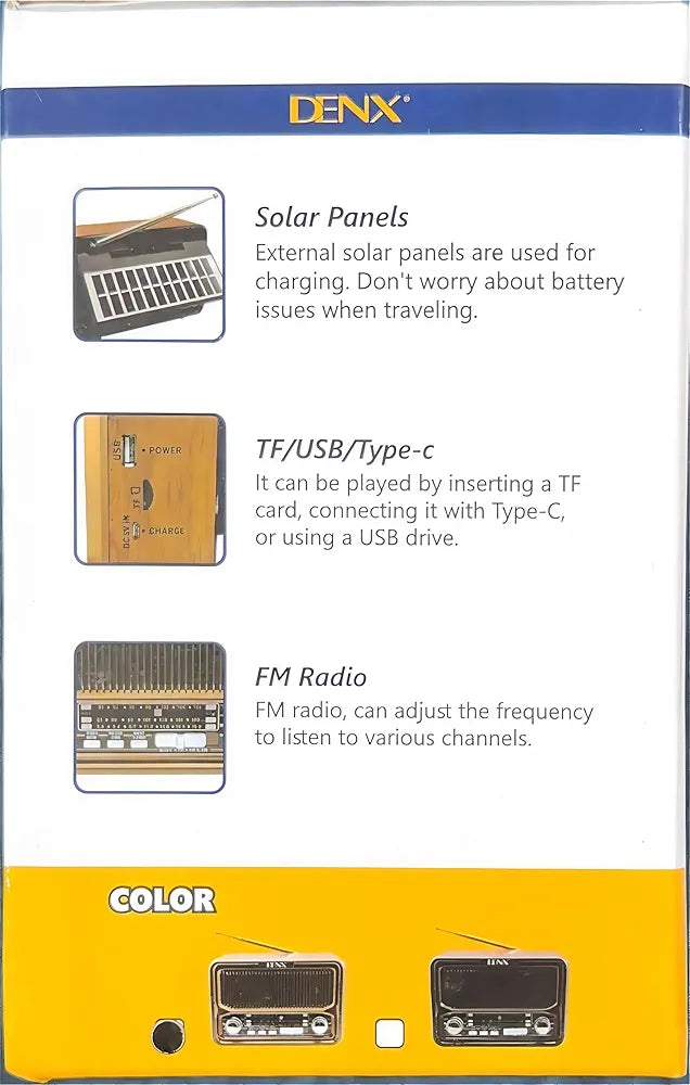DENX Old Radio Speaker Bluetooth & HIFI-Speaker with Solar Panels, Sd Card, Usb And Aux Port, Radio FM/AM/SW Brown wood Portable Audio TF Card USB Flash disk Aux playback, 