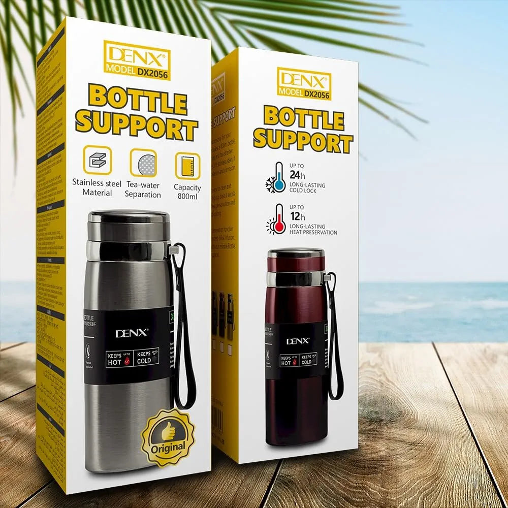DENX 800ml Stainless Steel Vacuum Insulated Water Bottle, Double Wall Thermos Flask with Tea Infuser, Hot Cold Travel Mug, Leakproof BPA-Free Sports Bottle for Office Gym Outdoor Use, DX2055
