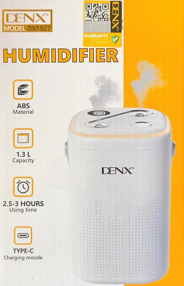 DENX 1.3L Ultrasonic Cool Mist Air Humidifier & Essential Oil Aroma Diffuser, 4 Mist Levels, Auto Shut-Off, Low Noise, Portable Rechargeable Humidifier for Bedroom, Baby Room, Home, and Office, DX1927