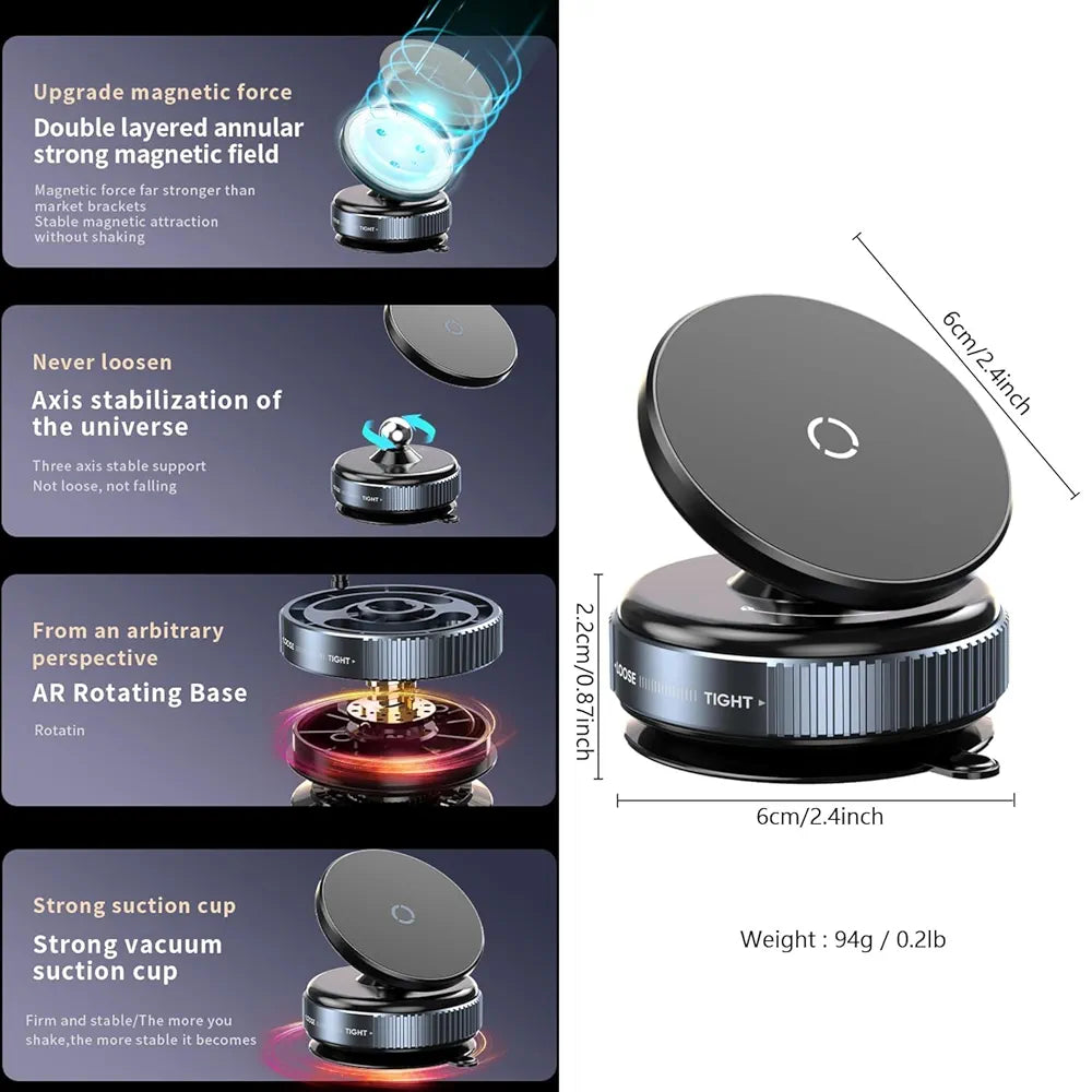 Magnetic Car Phone Holder, Vacuum Suction Cup Mobile Mount, 360° Rotation Phone Stand, Dashboard & Windshield Holder, Strong Magnet Mount for iPhone MagSafe, Samsung, Huawei, Xiaomi, K009