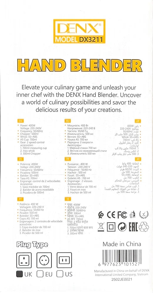 DENX 4-in-1 Electric Hand Blender, 400W Stick Blender with 500ml Food Chopper, Inox Whisk & 700ml Measuring Cup, Electric Blender & Hand Mixer with Stainless Steel Blade Use for Cake Mixer, DX3211