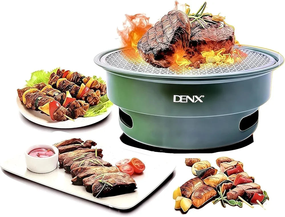 DENX Charcoal Barbecue Grill, Portable Outdoor Bbq Grill with Non Stick Surface, Removable Grease Tray, Round Compact Travel Grill for Camping, Picnic, Garden 