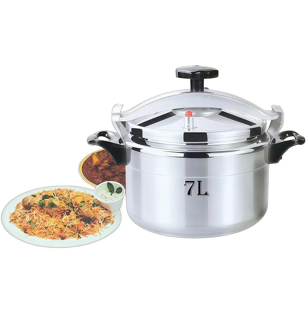 DENX 7L Aluminium Pressure Cooker, Rice Cooking Pot with Safety Lock & Valve, Fast Manual Cooker for Stews, Meat, Vegetables, Gas, Electric Stove Compatible, Silver Cookware, DX3425