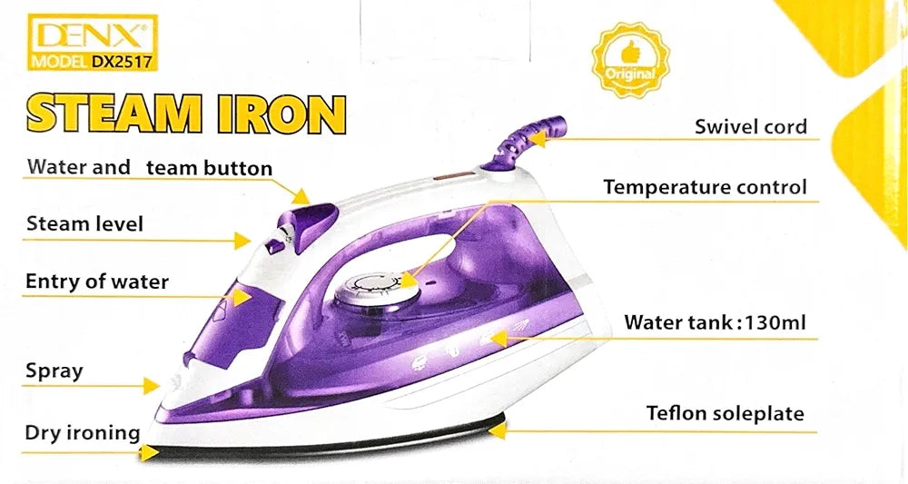 DENX Steam Iron, 1200W Portable Electric Clothes Iron, Temperature Control, Continuous Steam Technology, Spray And Steam Burst Function For Shirts, Trousers, Dresses, Curtains Use, DX2517