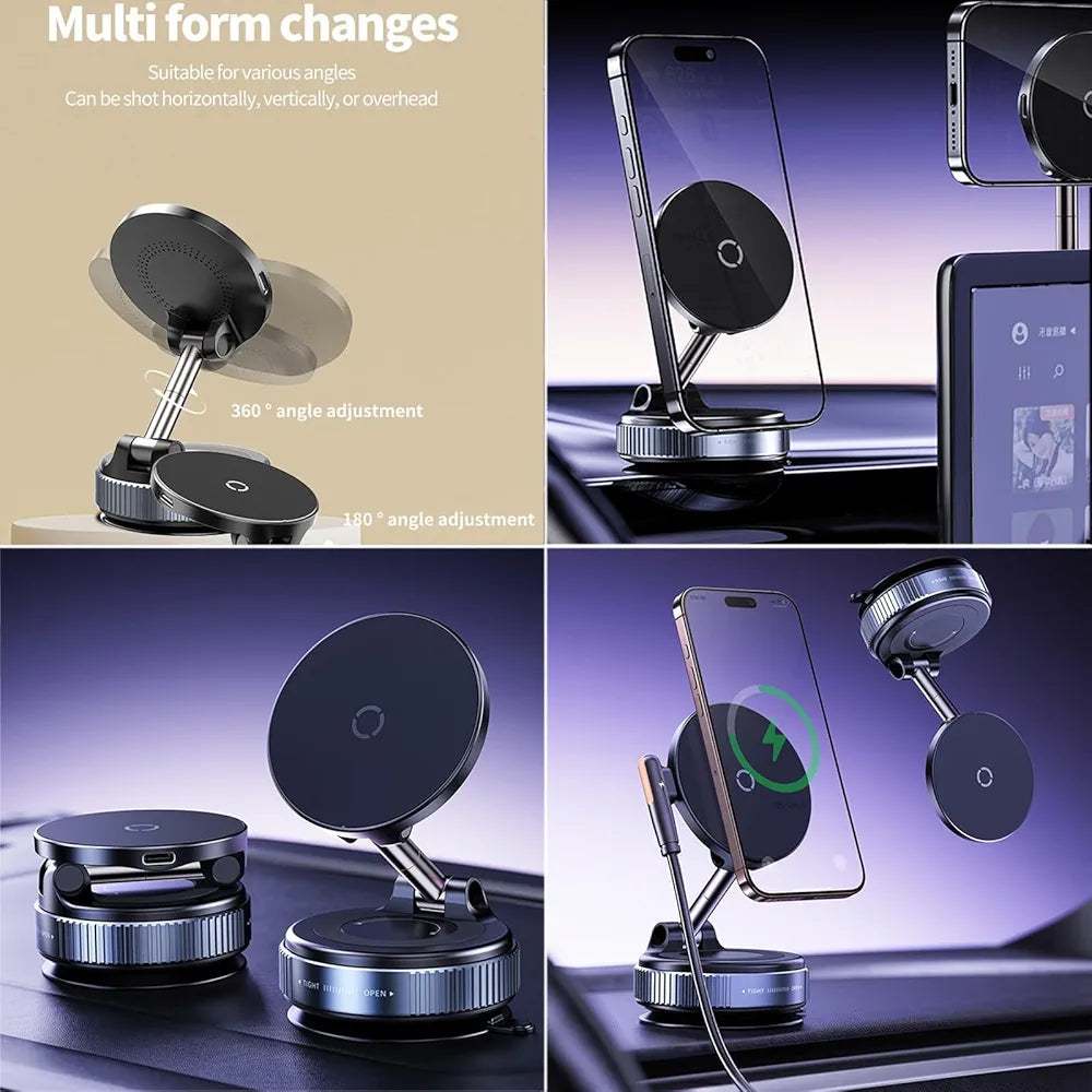 Magnetic Car Phone Holder with 15W Wireless Charging, Vacuum Suction Mount, Dashboard Phone Holder, Windshield Mount, 360° Rotation, Universal Mobile Stand for iPhone, Samsung, Huawei, Xiaomi, K007S