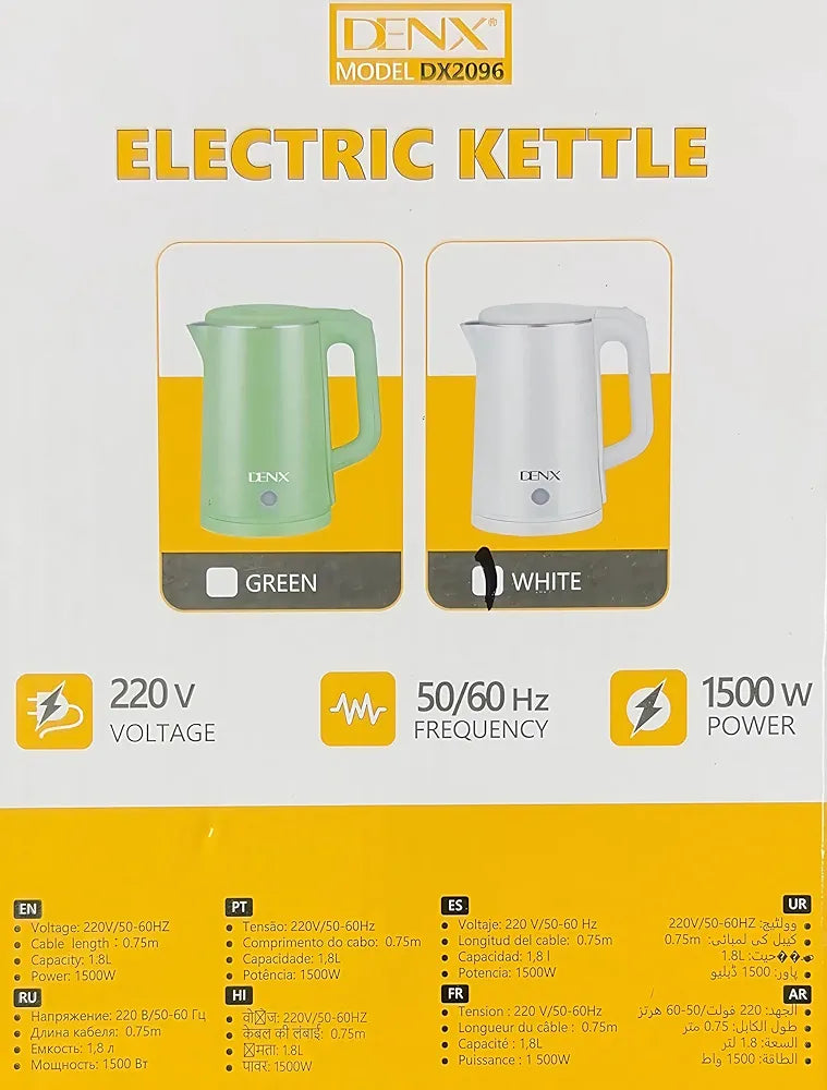 DENX 1.8L Cordless Electric Kettle, Tea Maker High-Speed Kettle, 360° Rotational Base, Teapot Perfect for Boiling Water, Milk, Coffee & Tea, for Home & Office Use, DX2096 