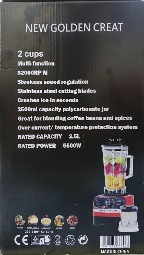 New Golden Creat 5500W High Speed Blender 2.5L, Ice Crusher, Smoothie Maker, Juice Mixer, Coffee Grinder, Dry & Wet Blender, Nut Chopper, Spice Grinder, Food Processor for Home Kitchen – Red Black