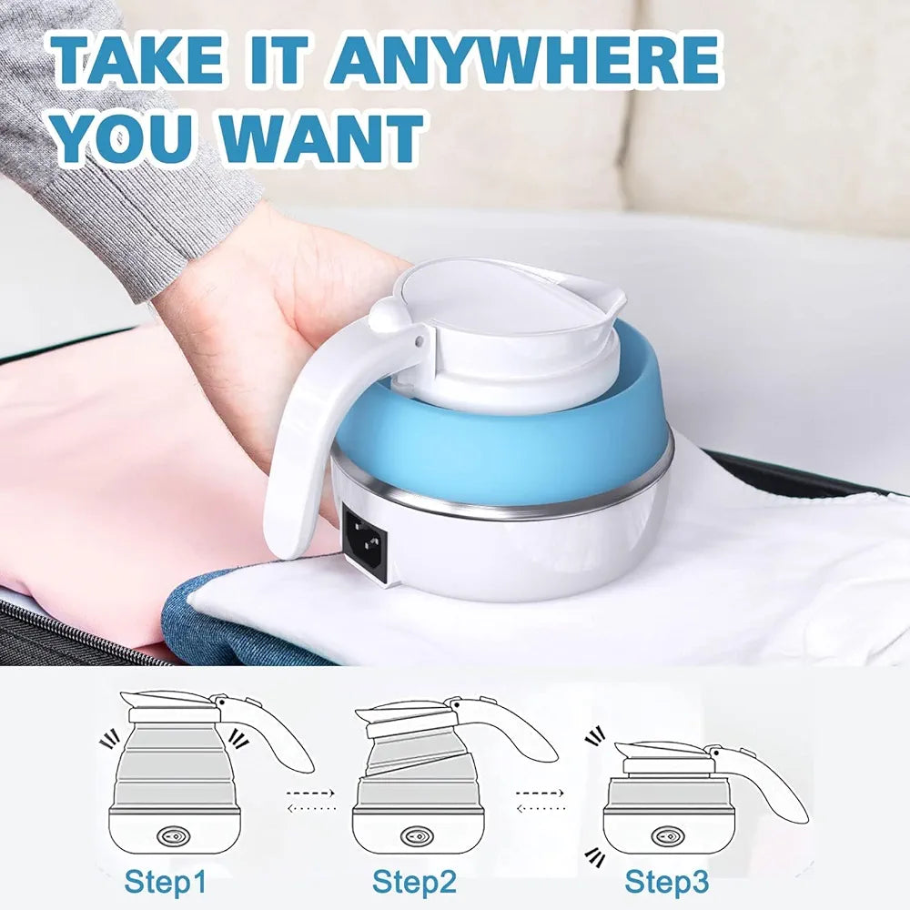 500W Portable Folding Electric Kettle, Capacity 600ml, Fast Boiling, Dual Voltage , Fast Boiling, Water kettle & Foldable Water Boiler for Travel, Camping & Hotels, 